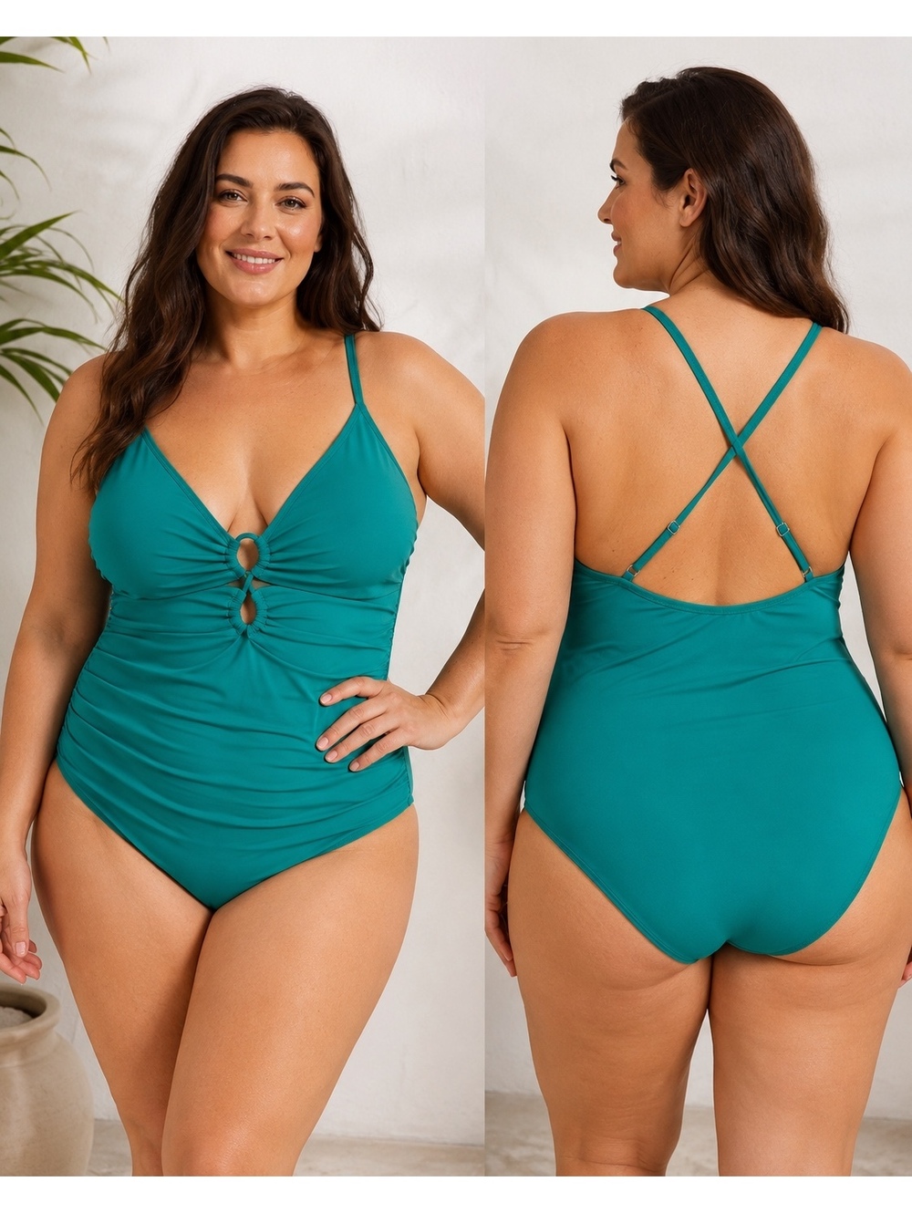 La Blanca Teal Ring Detail Ruched One-Piece Swimsuit Women’s Size 14